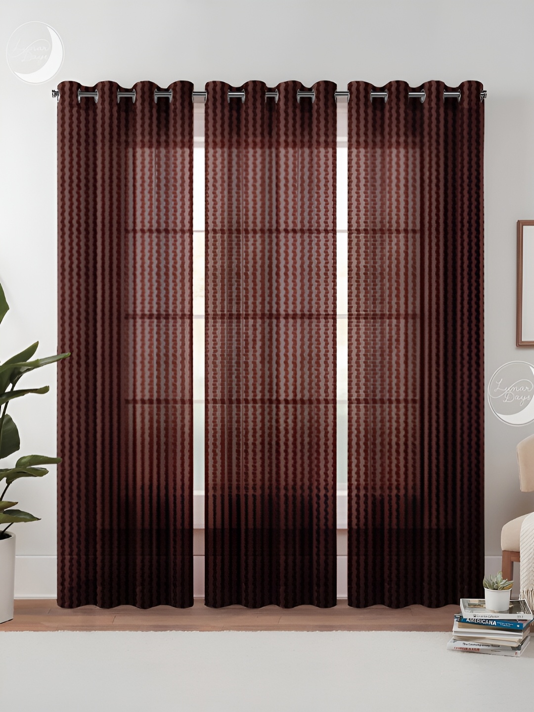 

Lunar Days Brown & White 3 Pieces Striped Sheer Door Curtain