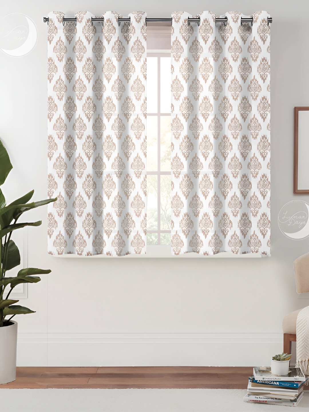 

Lunar Days White & Beige 2 Pieces Ethnic Motifs Room Darkening Window Curtains