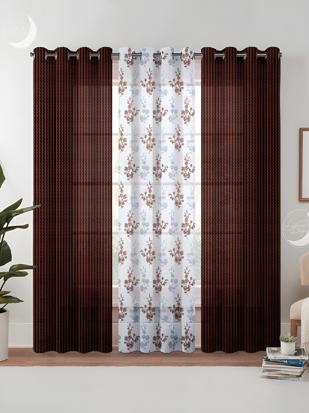 

Lunar Days Brown & White 3 Pieces Floral Sheer Door Curtain