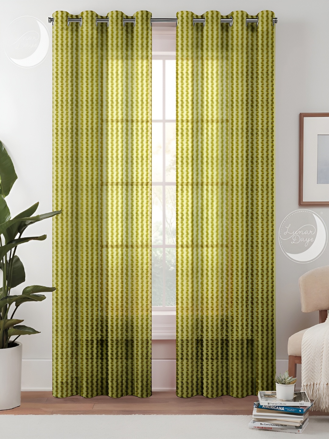 

Lunar Days 2 Pcs Green & White Striped Sheer Door Curtain