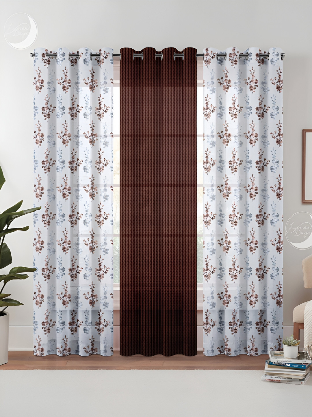 

Lunar Days Maroon & White 3 Pieces Floral Sheer Door Curtain, Brown