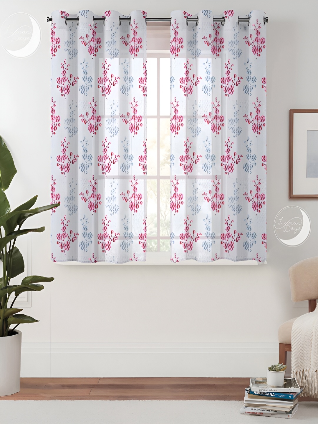 

Lunar Days Pink & White 2 Pieces Floral Sheer Window Curtain