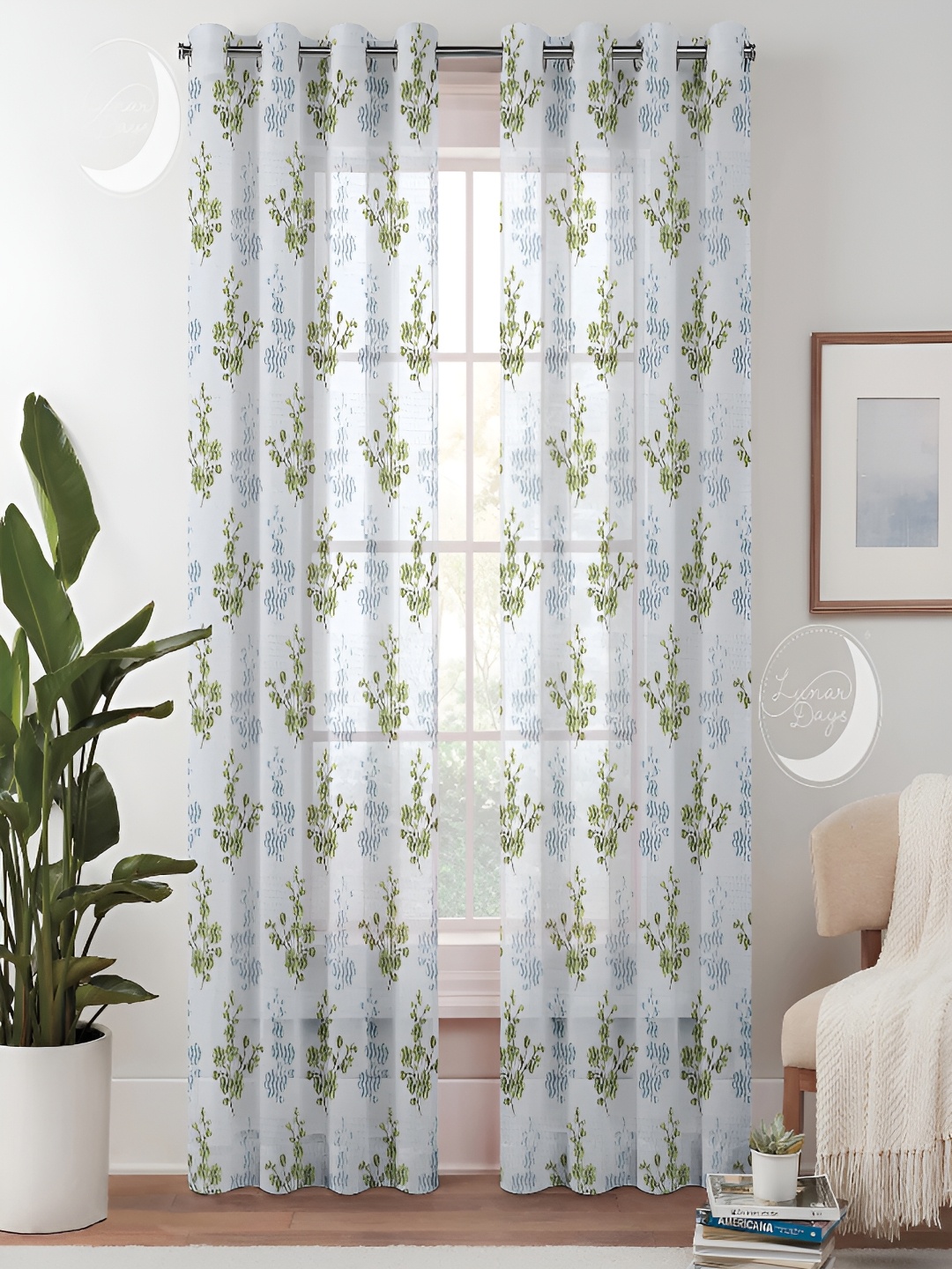 

Lunar Days Green & White 2 Pieces Floral Sheer Long Door Curtain Set