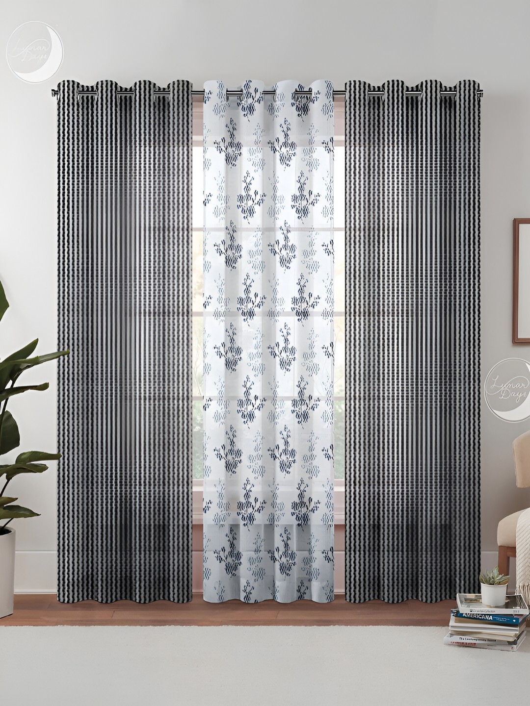

Lunar Days Grey & White 3 Pieces Floral Sheer Long Door Curtains