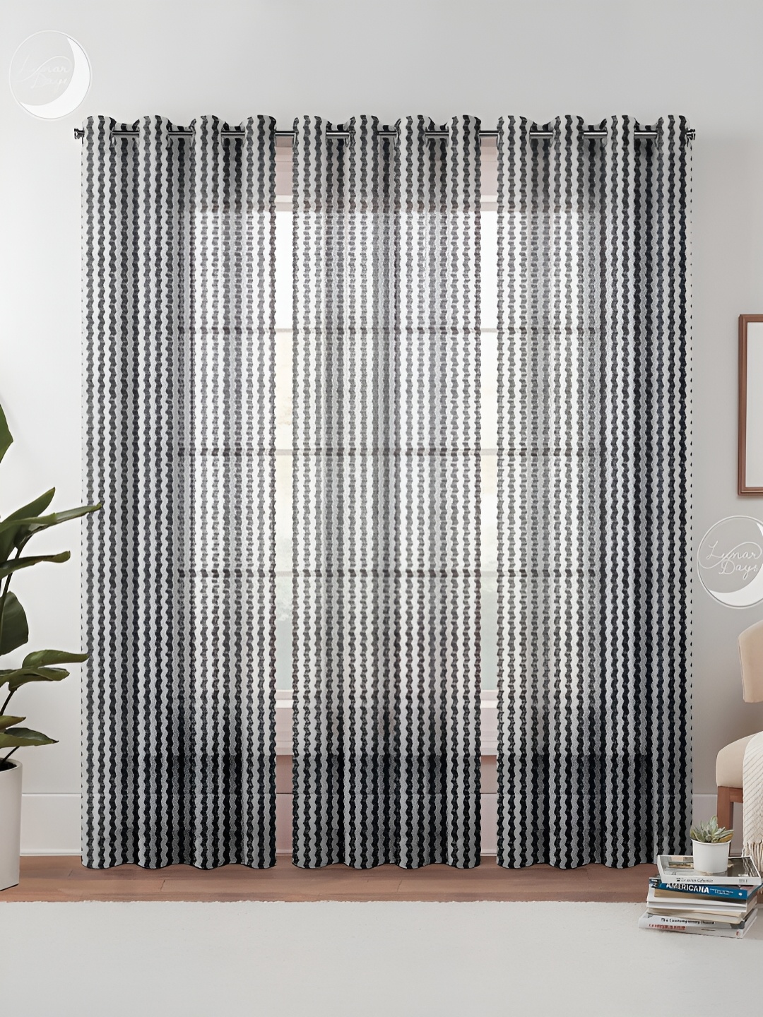 

Lunar Days Grey & White 3 Pieces Striped Sheer Door Curtain