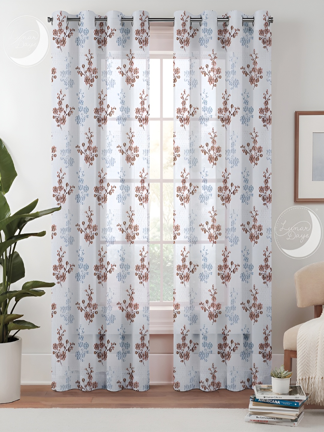 Lunar Days Brown & White 2 Pieces Floral Sheer Long Door Curtain Set