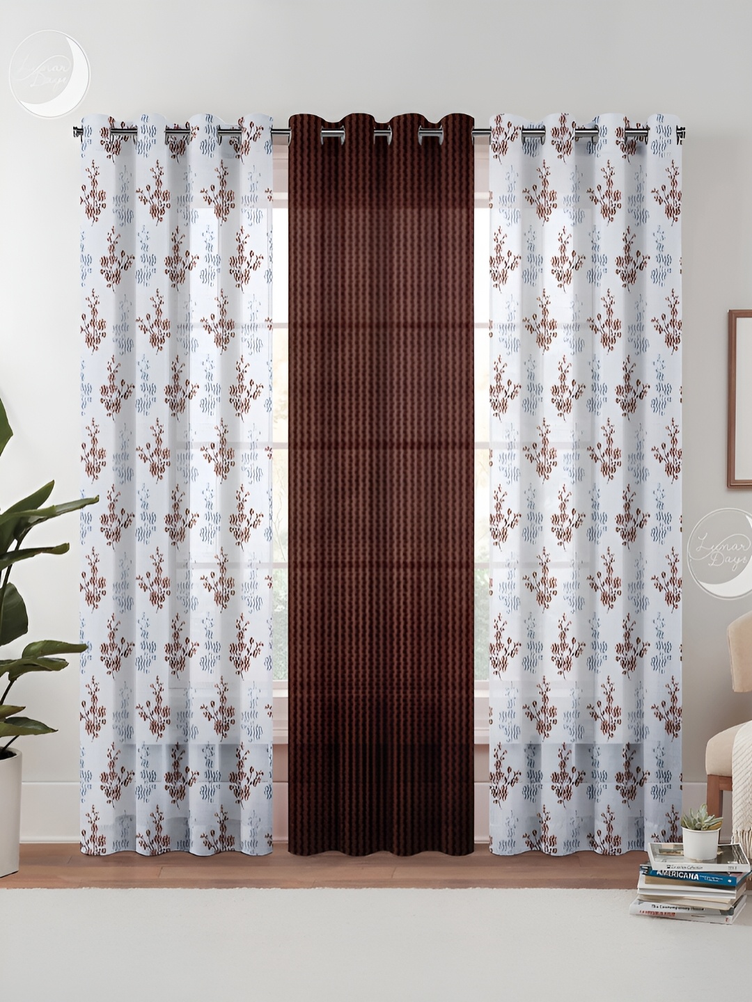 Lunar Days Brown & White 3 Pieces Floral Sheer Long Door Curtains