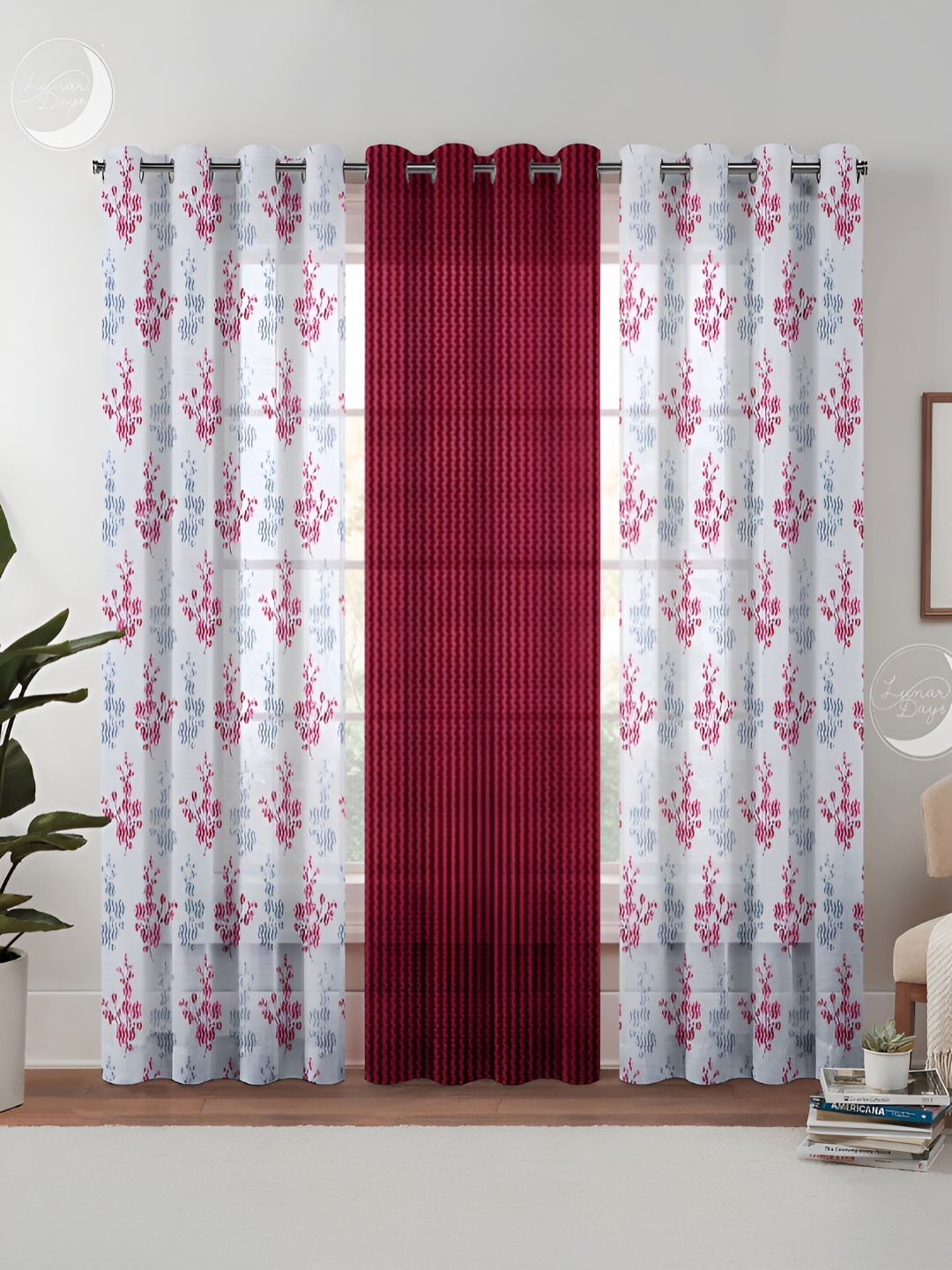 

Lunar Days Maroon & White 3 Pieces Floral And Stripe Sheer Door Curtains