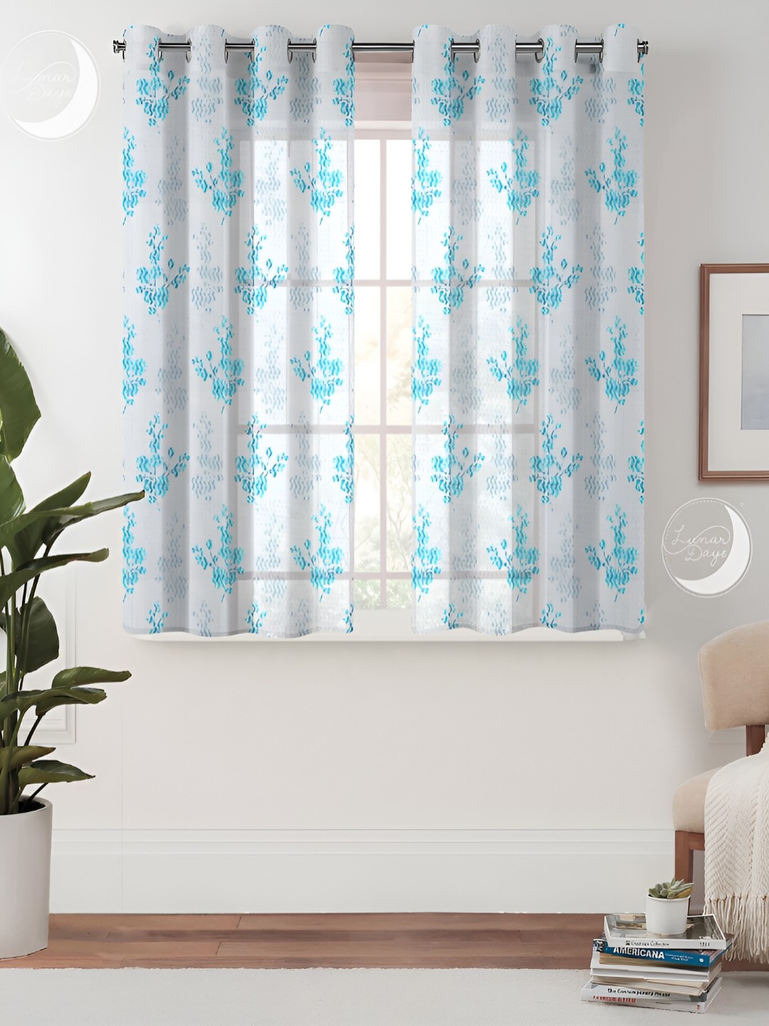 

Lunar Days White & Blue 2 Pieces Floral Sheer Window Curtains