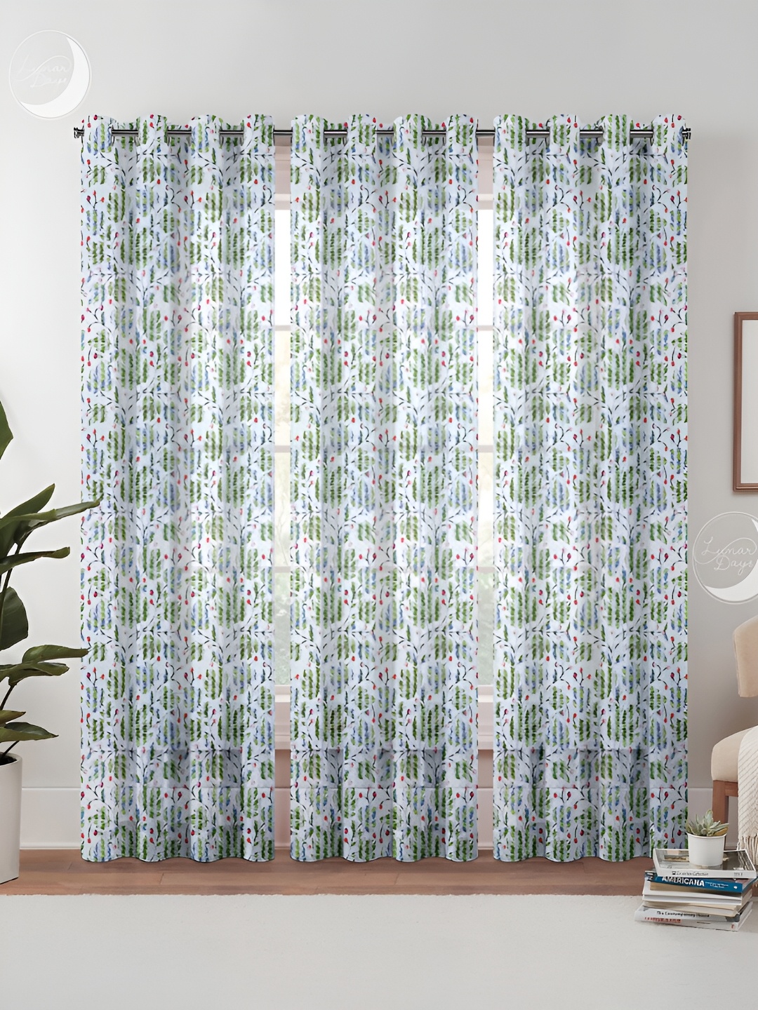 

Lunar Days 3 Pcs Green & White Floral Sheer Door Curtain