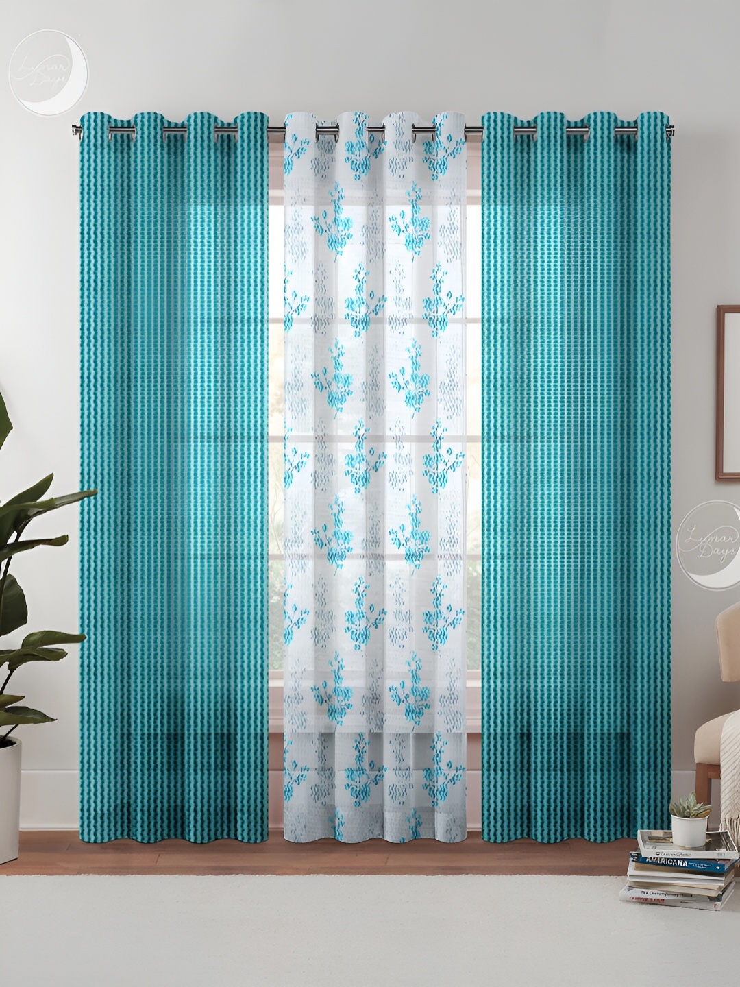 

Lunar Days Blue & White 3 Pieces Floral Sheer Long Door Curtains