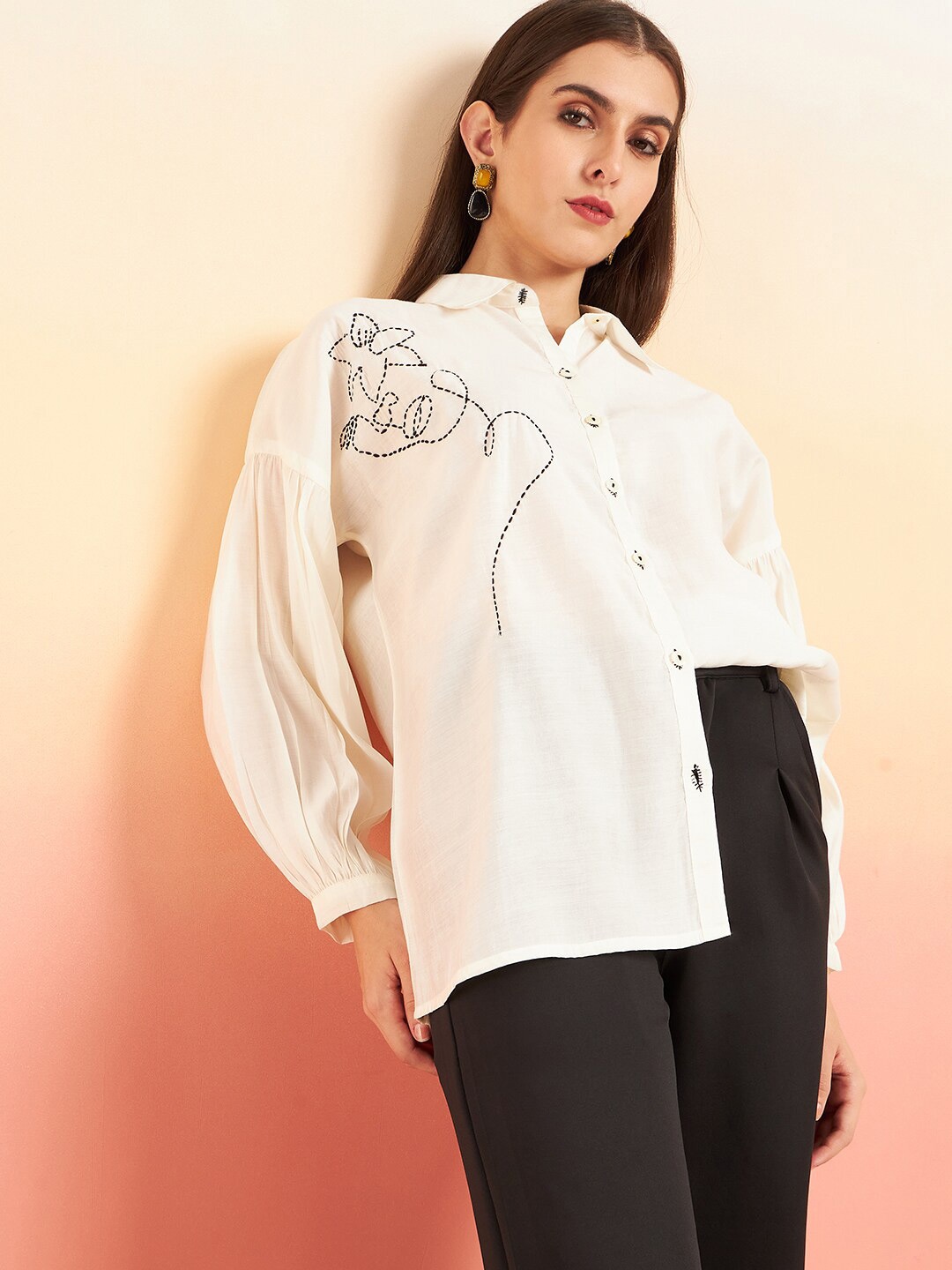 

Sangria Embroidered Oversized Shirt Style Longline Top, Cream