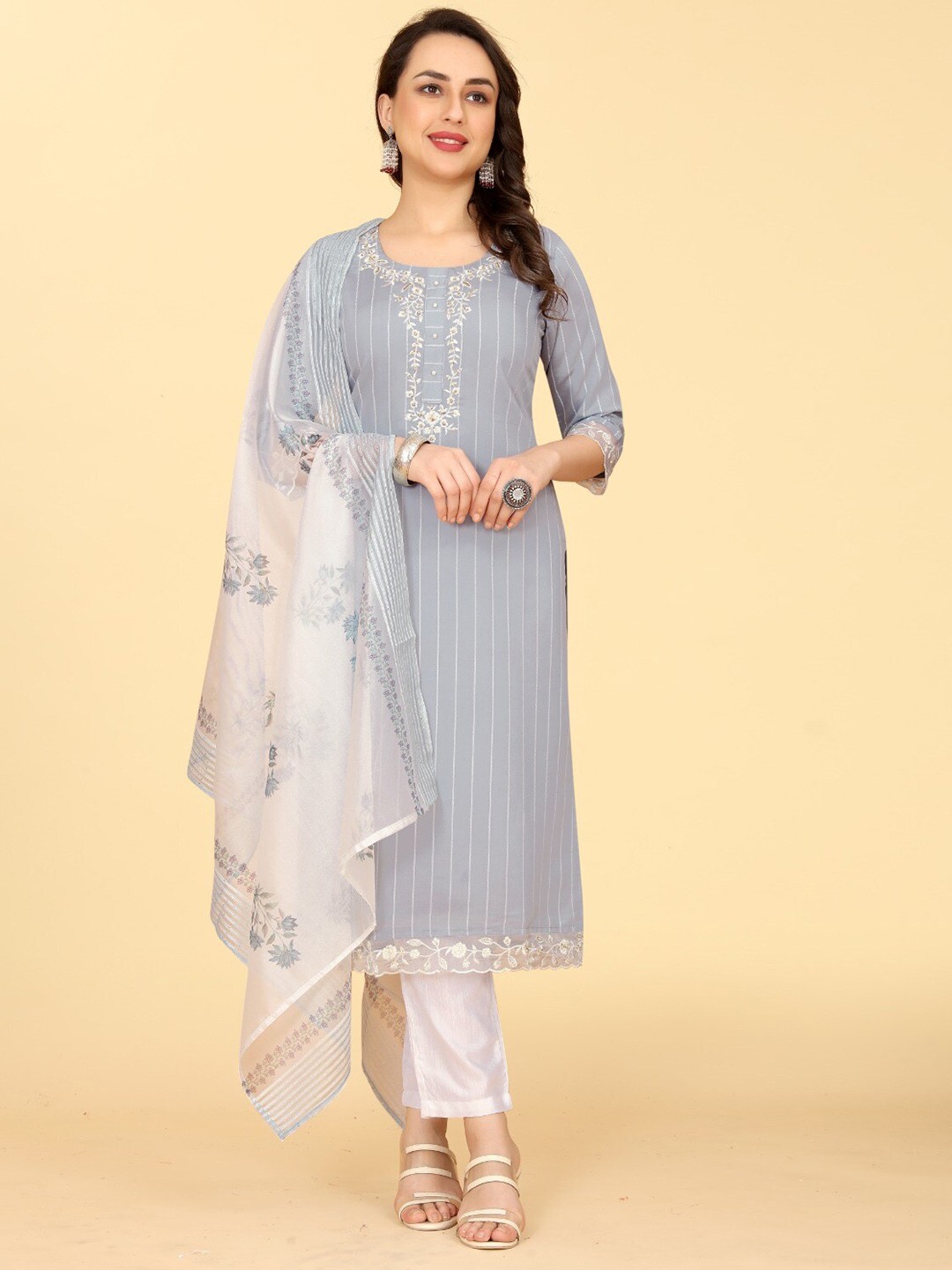 

PEPPERYLOOK Striped Thread Work Kurta With Trouser & Dupatta, Grey