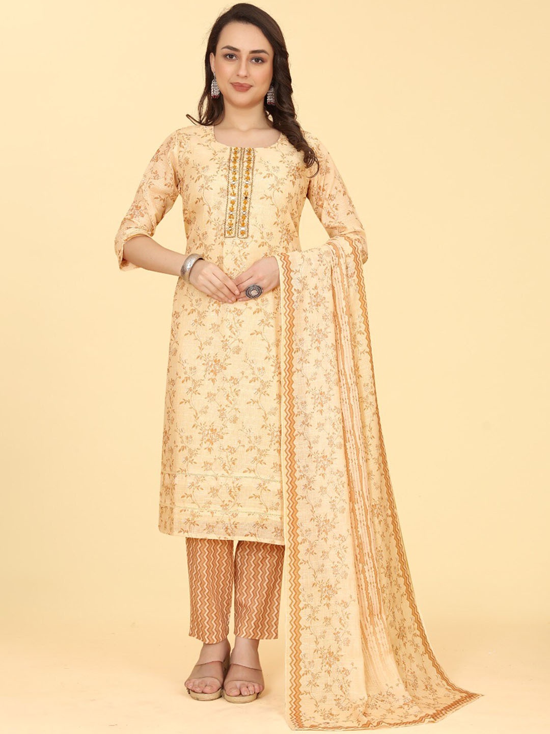 

PEPPERYLOOK Floral Printed Thread Work Cotton Linen Kurta With Trousers & Dupatta, Yellow