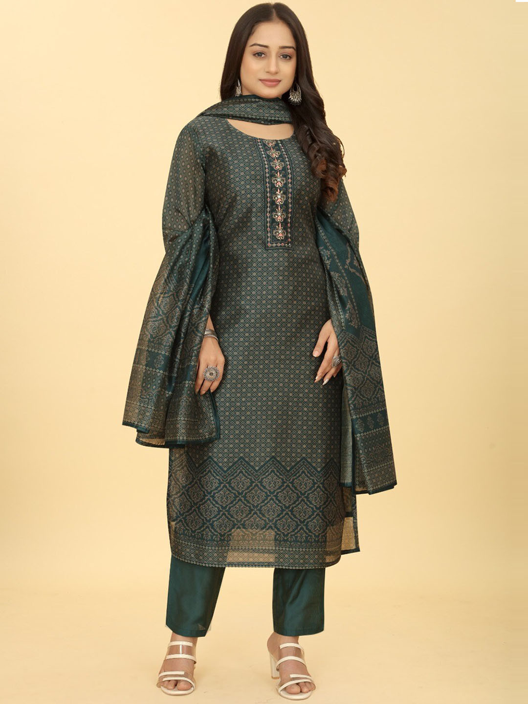 

PEPPERYLOOK Ethnic Motifs Printed Thread Work Straight Kurta With Trousers & Dupatta, Green