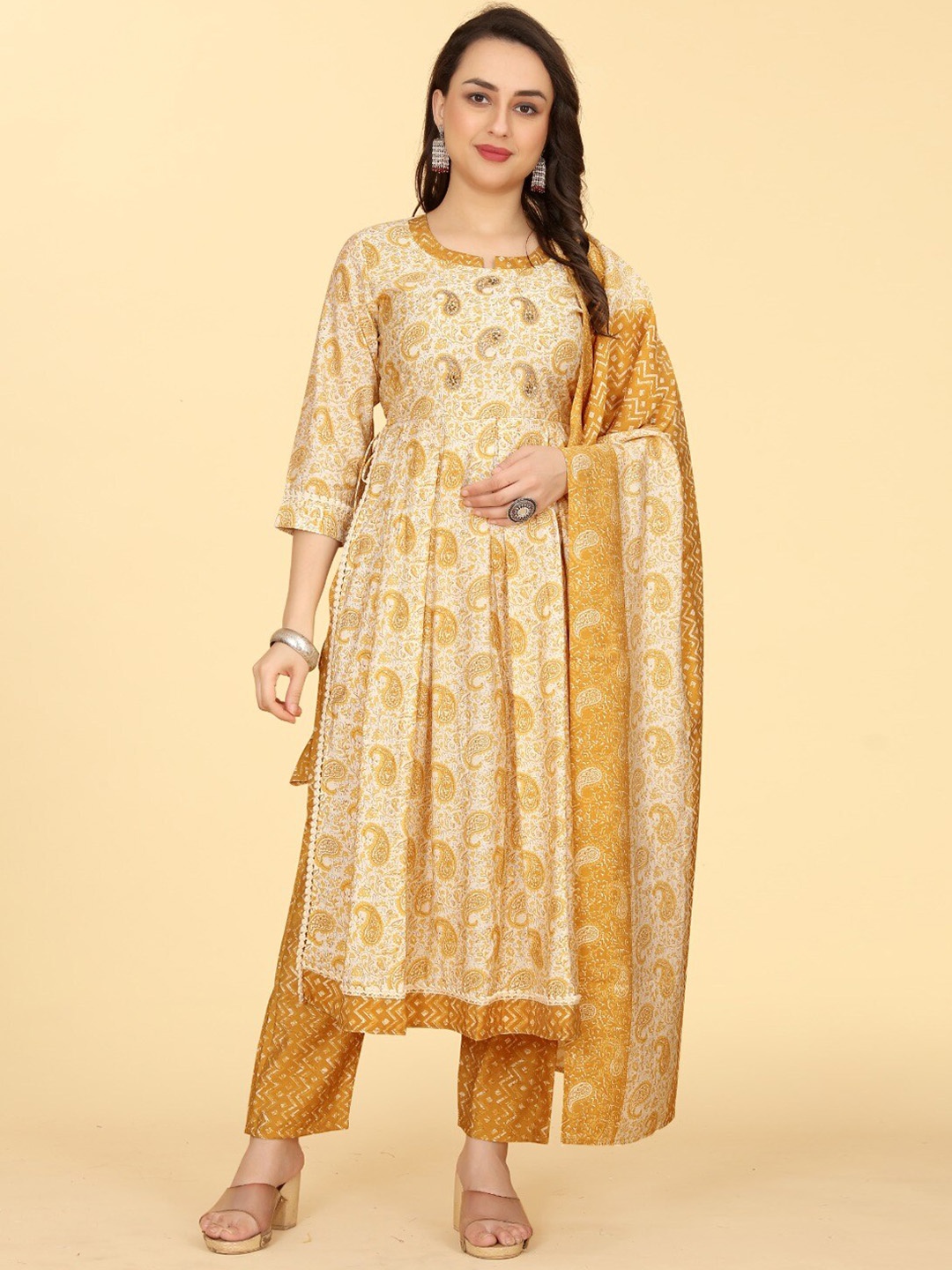 

PEPPERYLOOK Ethnic Motifs Printed Pure Silk Kurta & Trouser With Dupatta, Yellow