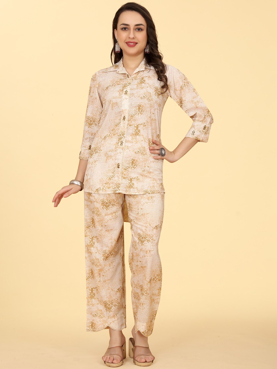 

PEPPERYLOOK Printed Pure Cotton Shirt With Trousers, Yellow