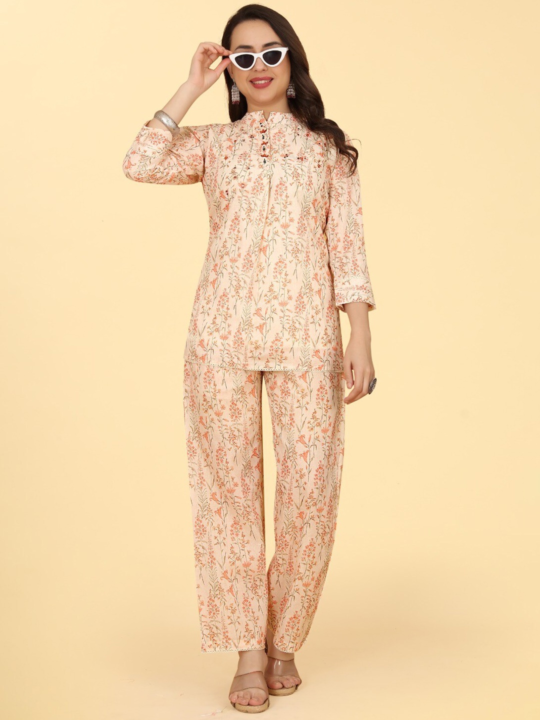 

PEPPERYLOOK Printed Pure Cotton Tunic With Trousers, Peach