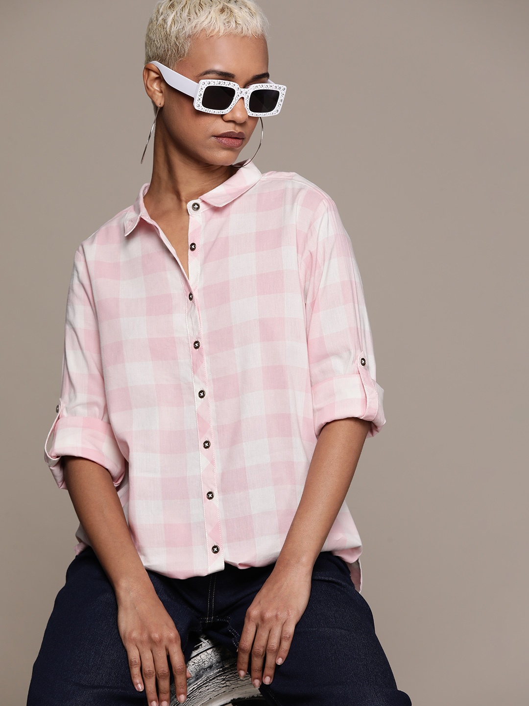 

Roadster Checked Roll-Up Sleeves Pure Cotton Casual Shirt, Pink