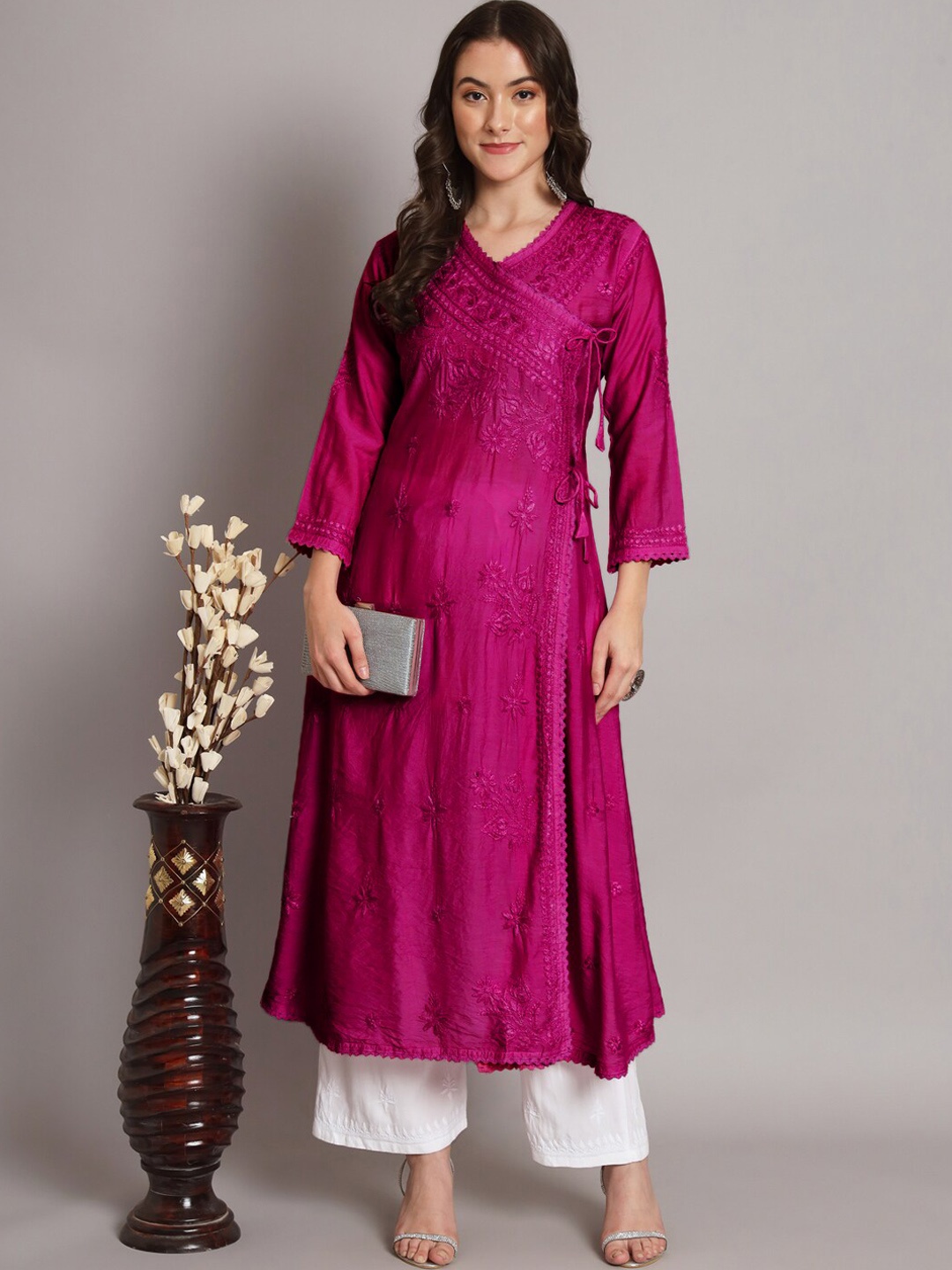 

PARAMOUNT CHIKAN Floral Embroidered Chikankari Angrakha Chanderi Cotton Kurta, Magenta