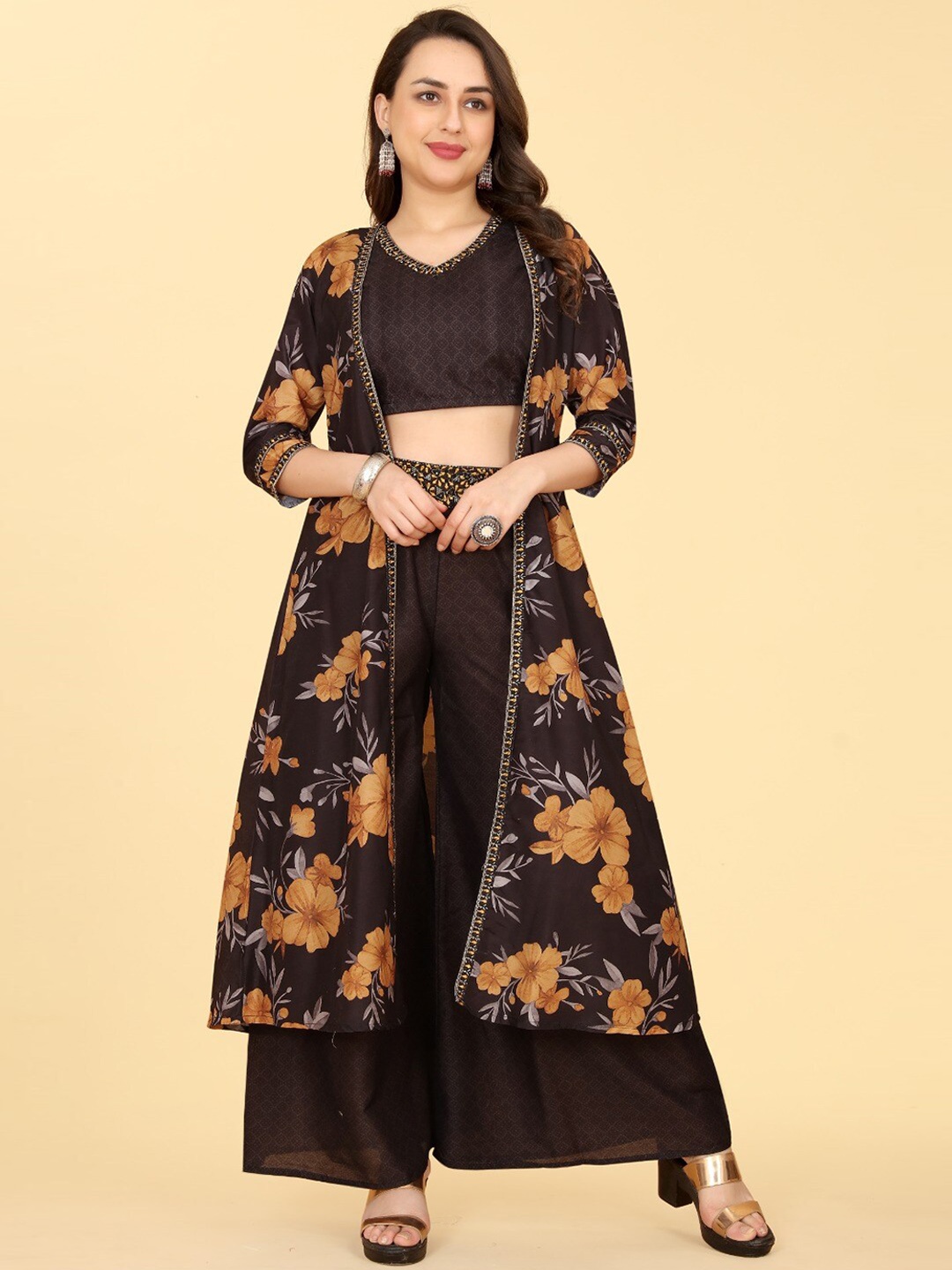 

PEPPERYLOOK Printed Top & Palazzo With Shrug, Brown