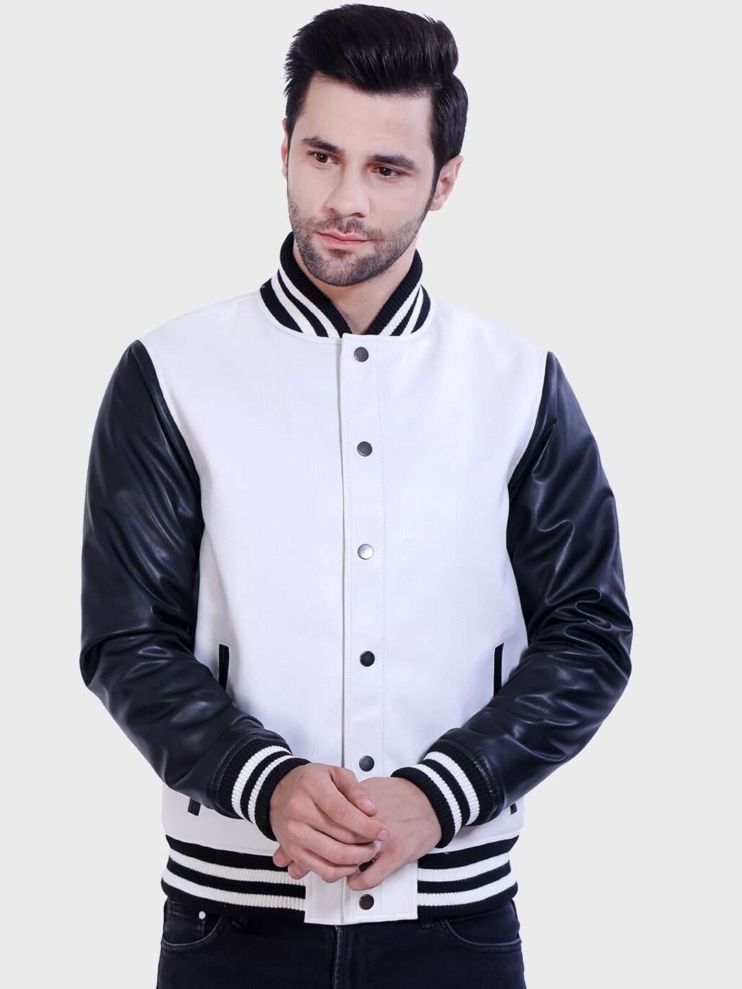 

Justanned Colourblocked Stand Collar Varsity Jacket, White