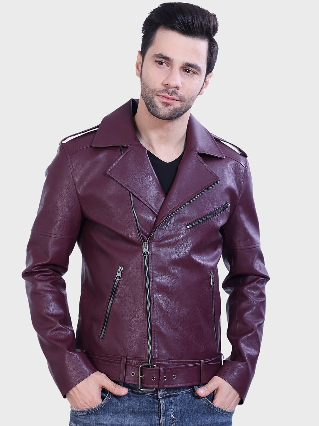 

Justanned Faux Leather Notched Lapel Collar Shoulder Tabs Biker Jacket, Maroon