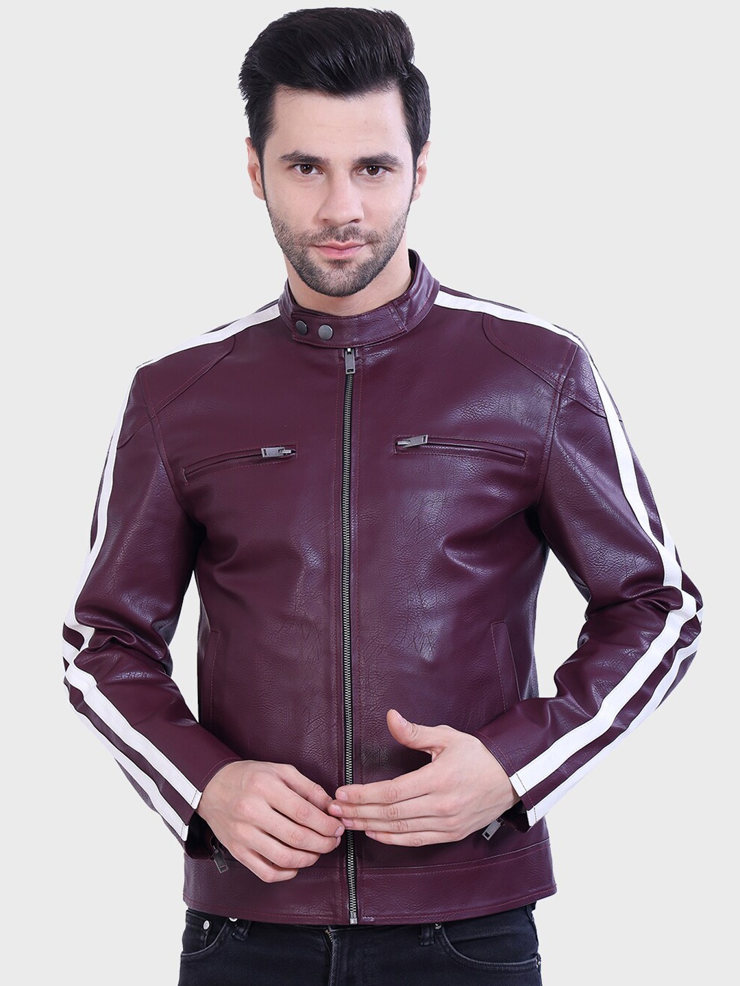 

Justanned Mandarin Collar Faux Leather Jacket, Burgundy