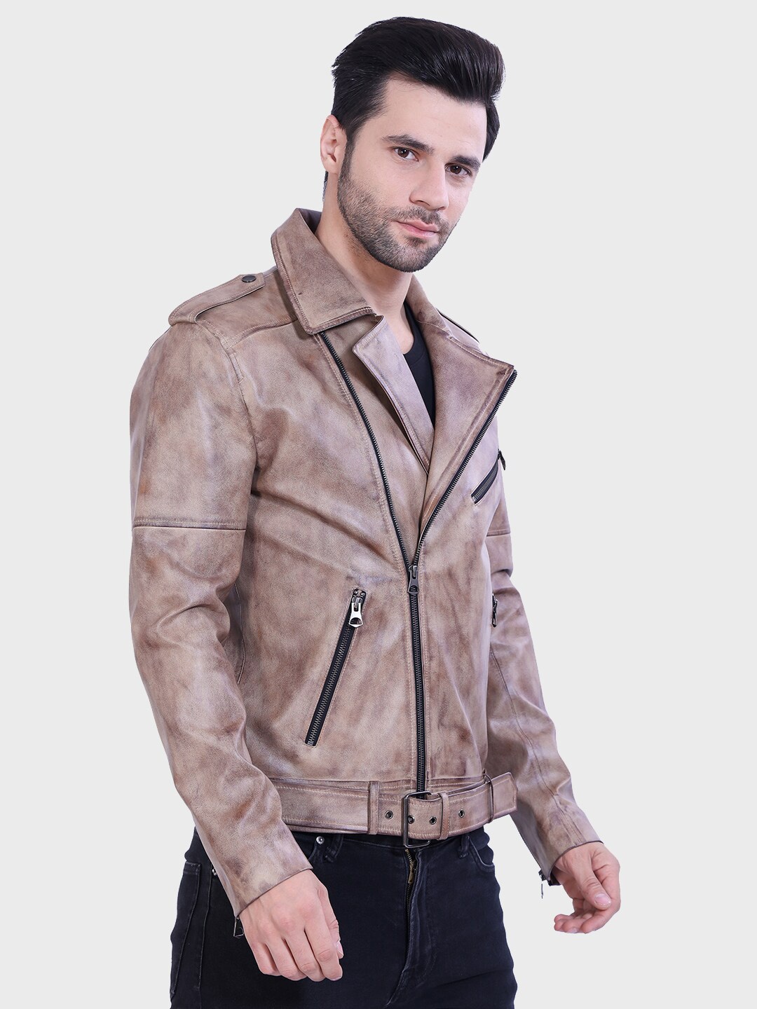 

Justanned Leather Lapel Collar Shoulder Tabs Biker Jacket, Brown