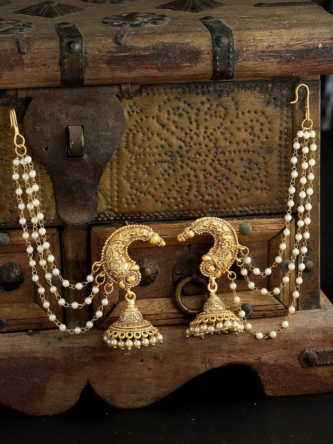 

PANASH Gold Plated Beaded Jhumka Earrings With Ear Chain