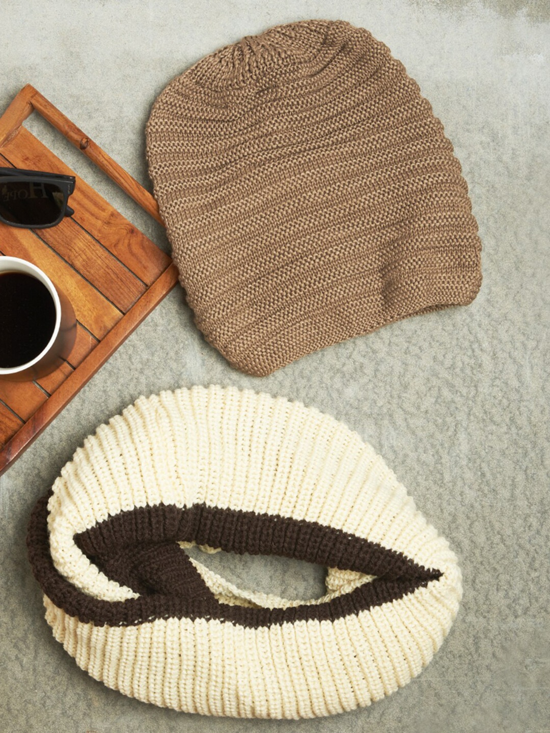 

The Bro Code Men Self Design Woollen Beanie With Mufflers, Beige