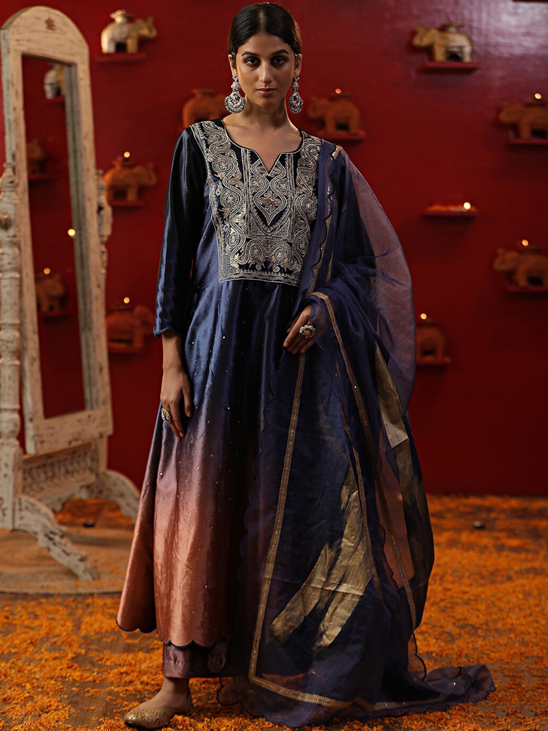 

ARPITA SULAKSHANA Floral Yoke Design Chanderi Silk Kurta & Palazzos With Dupatta, Blue