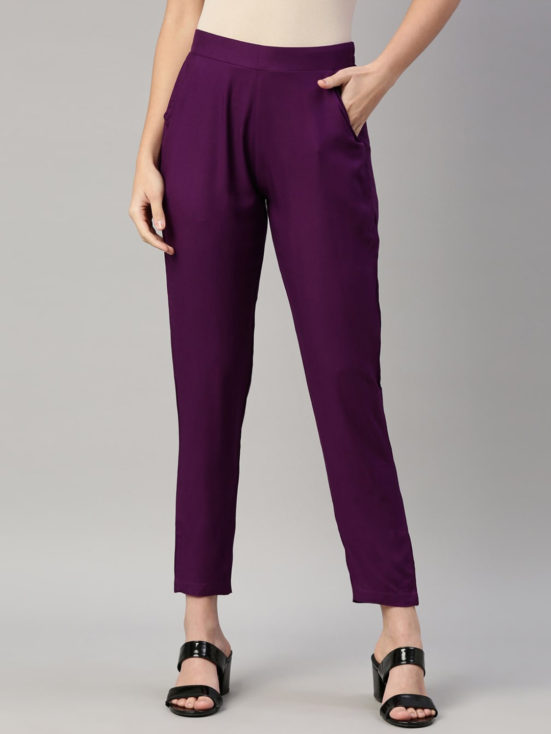 

GOLDSTROMS Women Mid-Rise Slim Fit Trousers, Purple