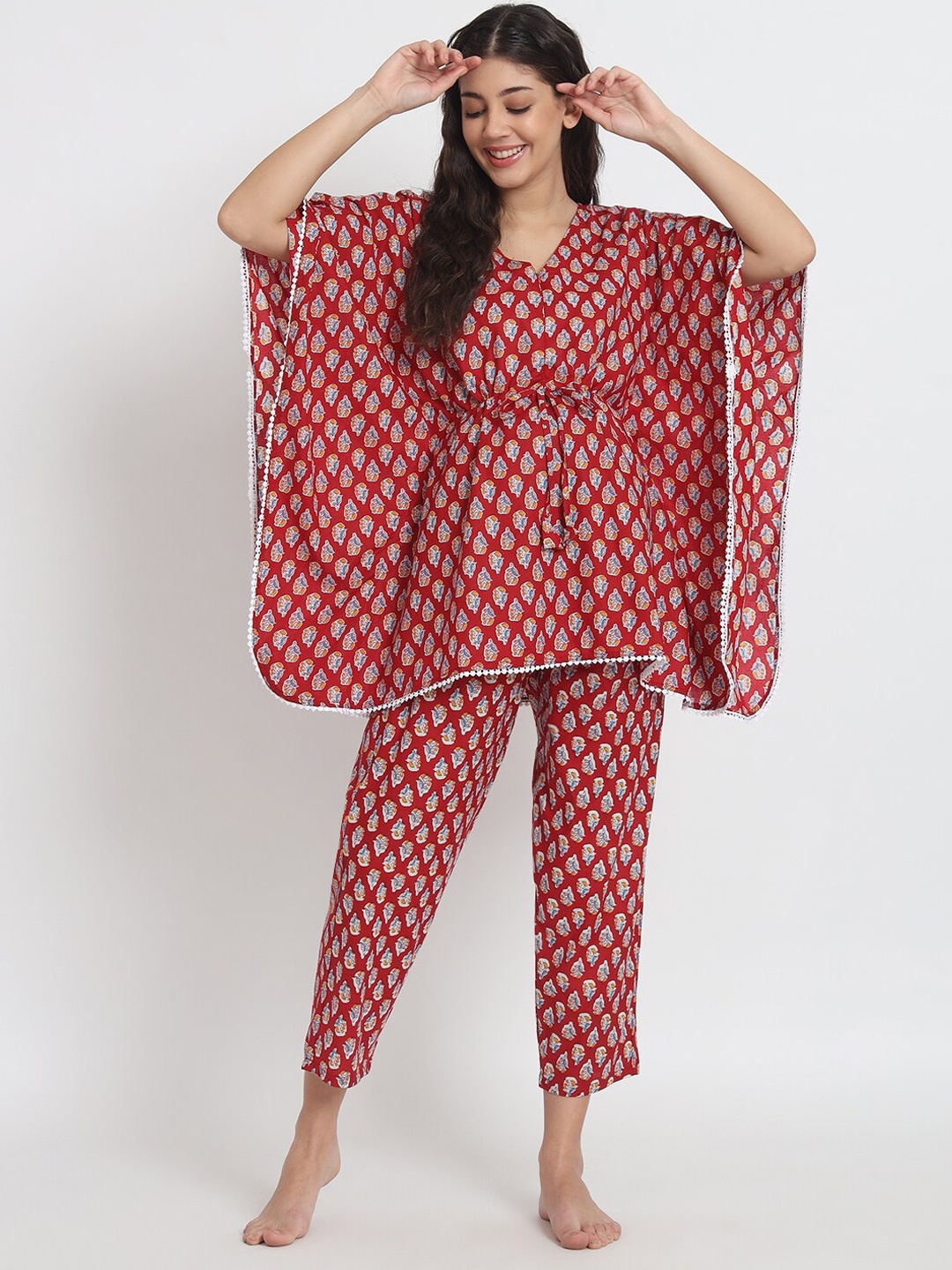 

Aujjessa Floral Printed Pure Cotton Maternity Kaftan Night Suit, Red