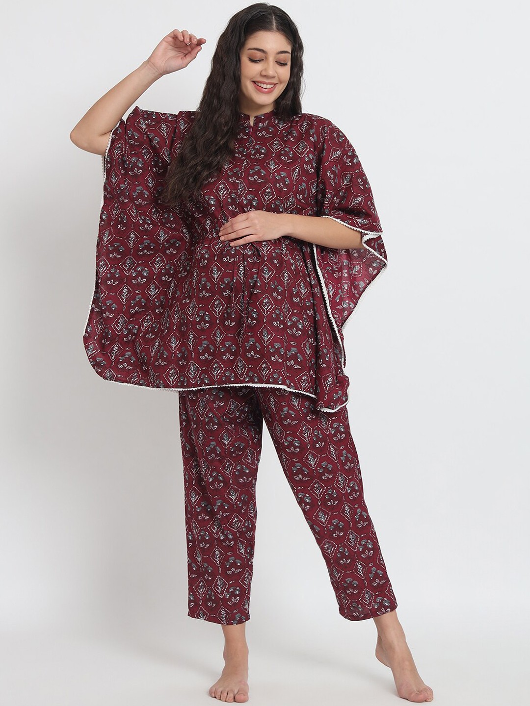 

Aujjessa Floral Printed Pure Cotton Maternity Kaftan Night Suit, Burgundy