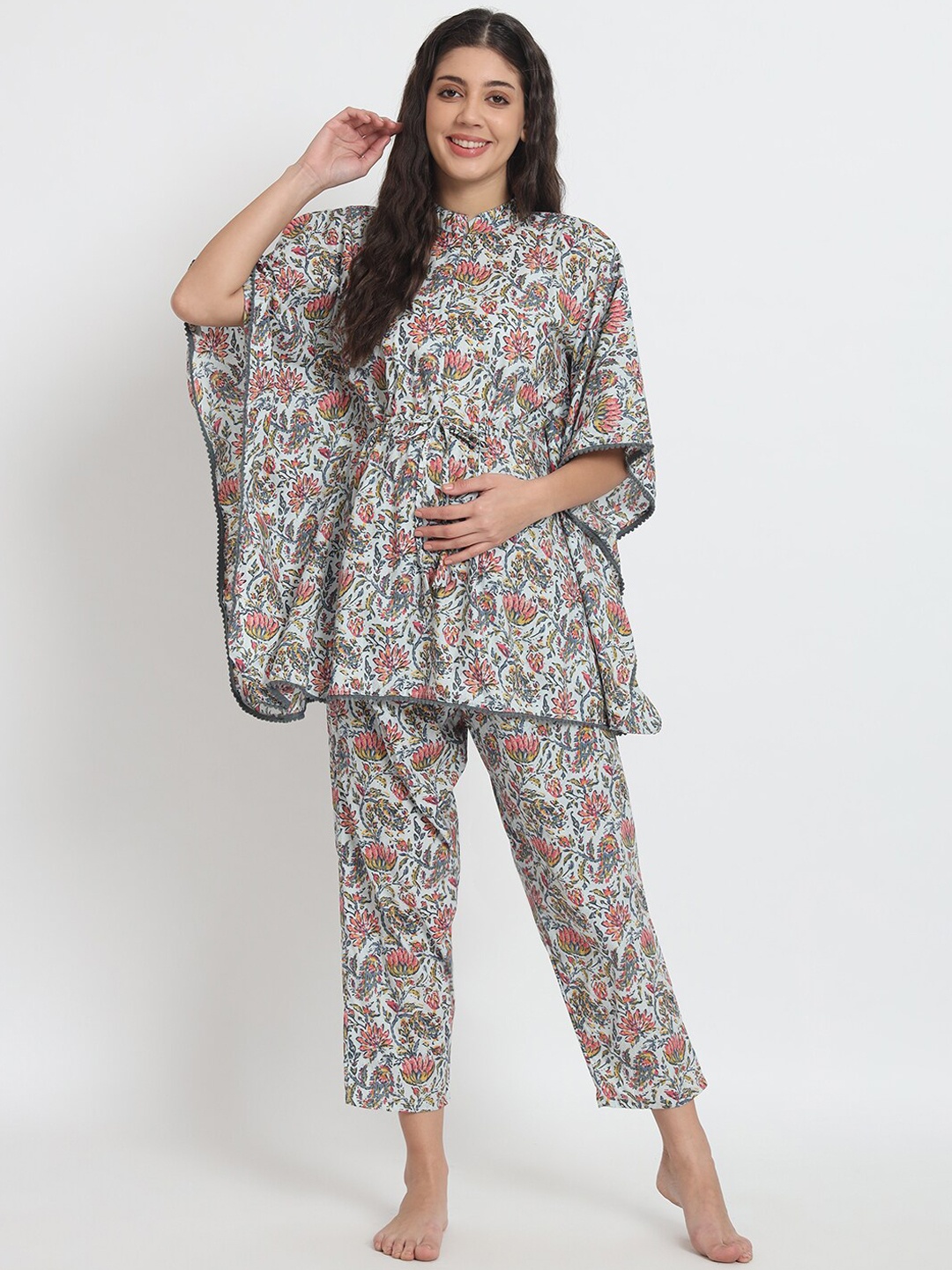 

Aujjessa Floral Printed Pure Cotton Maternity Kaftan Night Suit, White