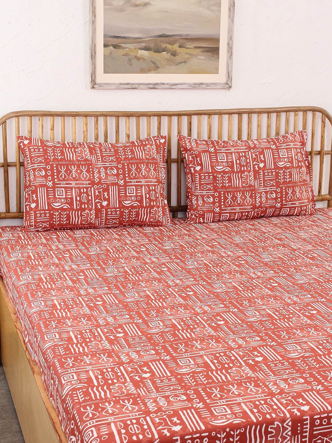 

House This Gamathi Rust & White Geometric Printed 144 TC Cotton Super Queen Bedding Set