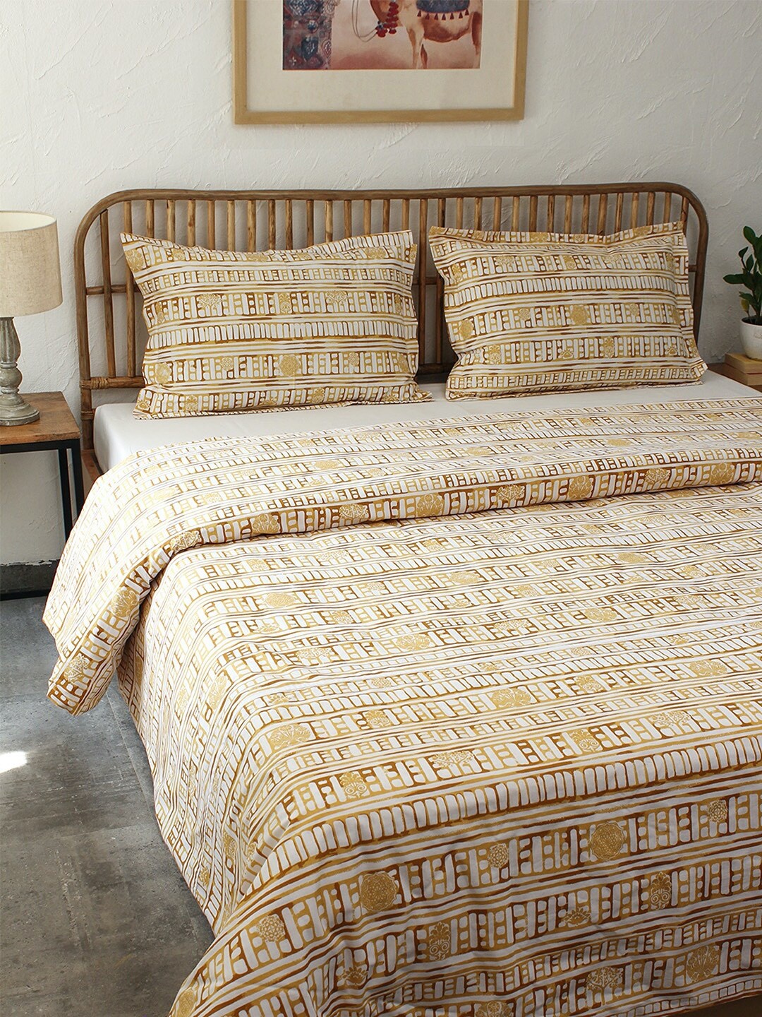 

House This Sanchi Beige Ethnic Motifs Printed Cotton 180 TC Super Queen Bedding Set