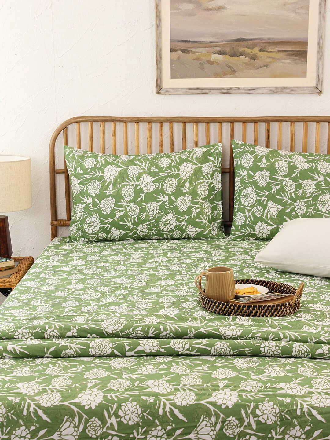 

House This Genda Phool Green & White Floral 144 TC Pure Cotton Super Queen Bedding Set