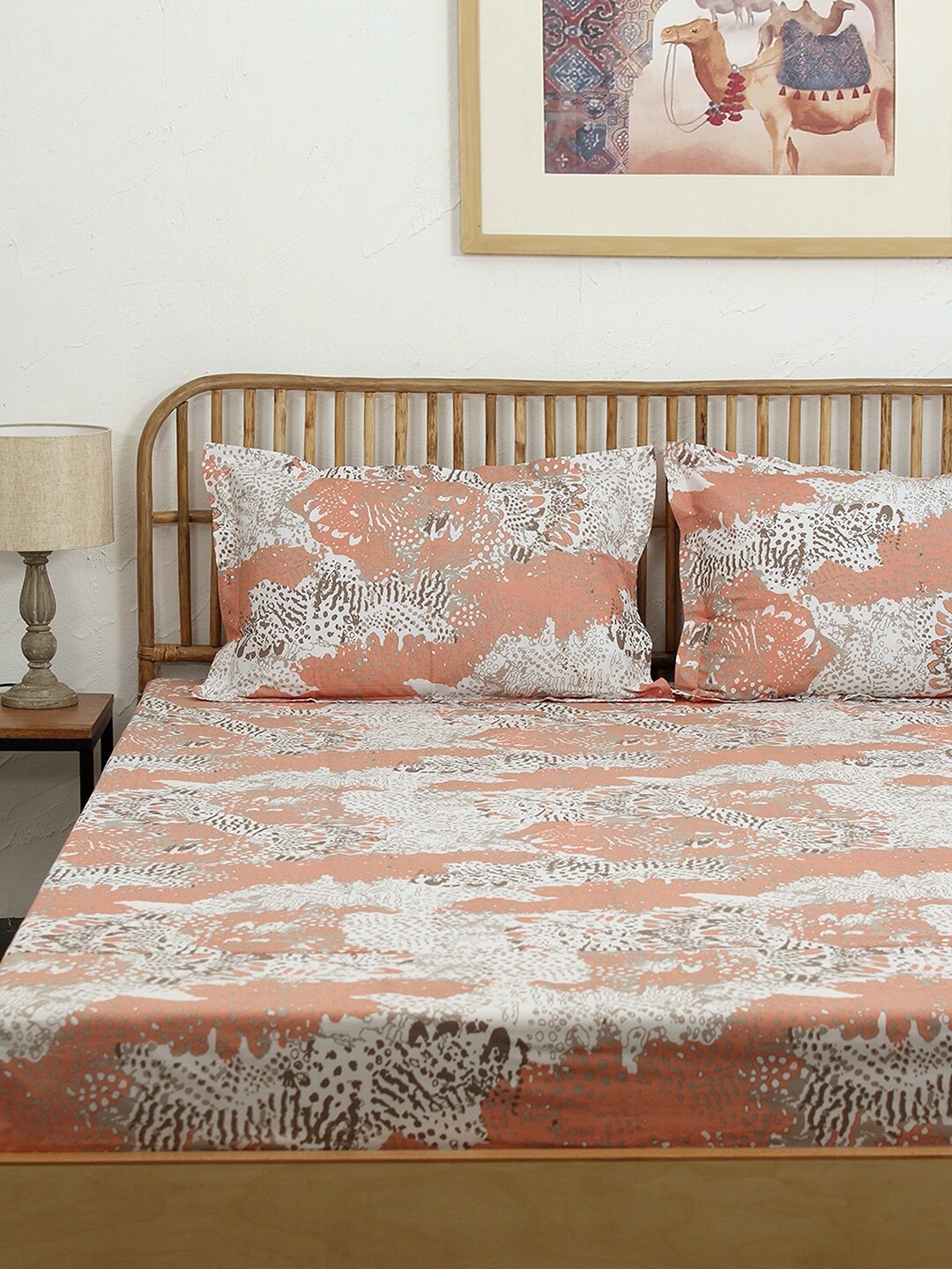 

House This Mashak Pink & Grey Abstract Printed 180 TC Pure Cotton Super Queen Bedding Set