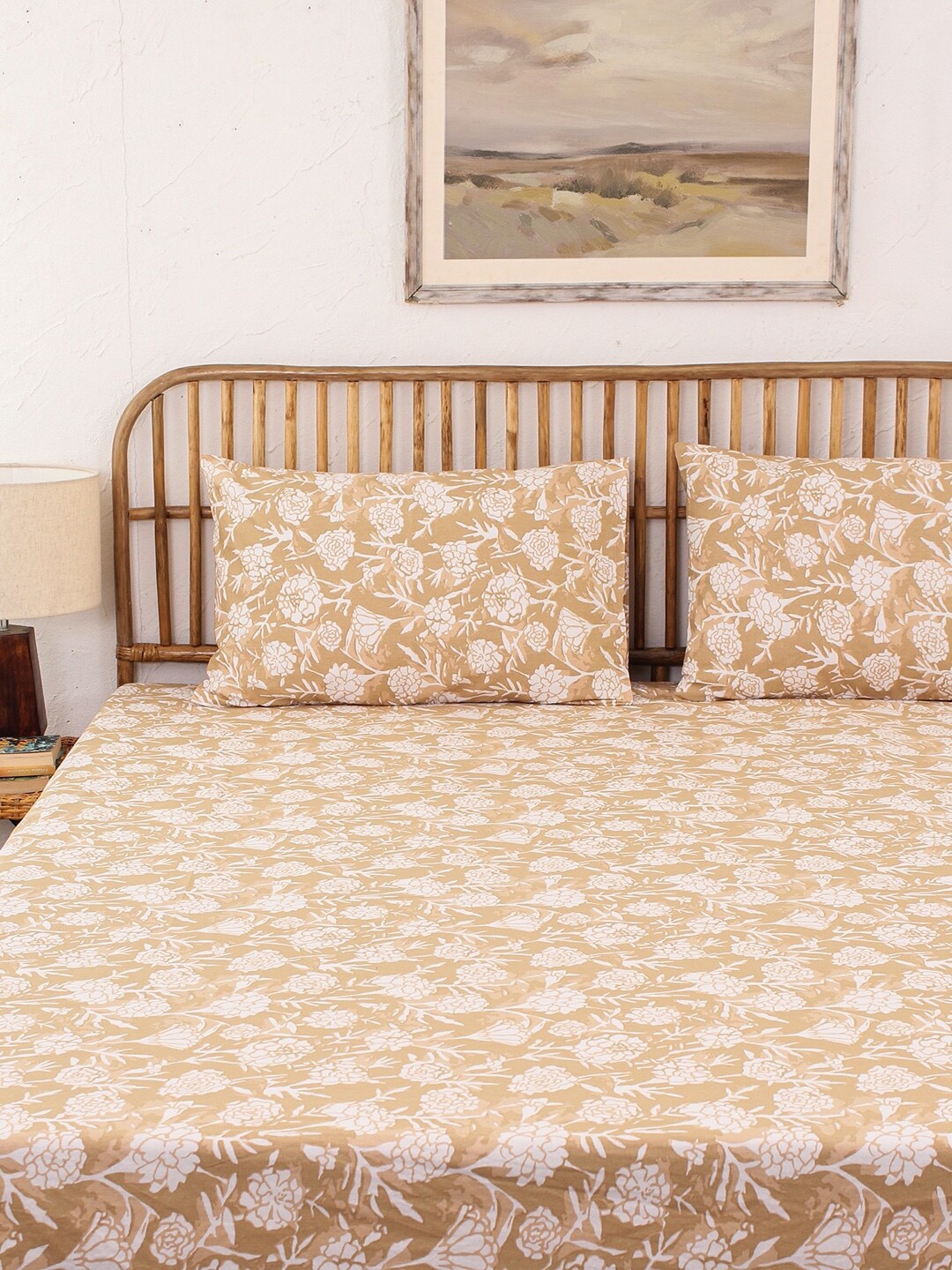 

House This Genda Phool Beige Floral Printed 144 TC Pure Cotton Super Queen Bedding Set