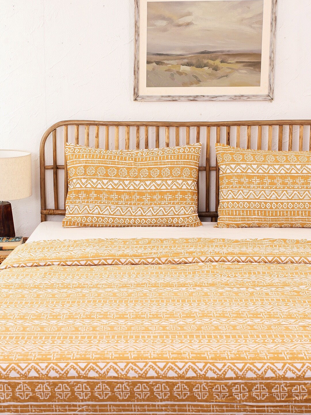 

House This Kullu Patti Yellow & White Ethnic Motifs 144 TC Cotton Super Queen Bedding Set