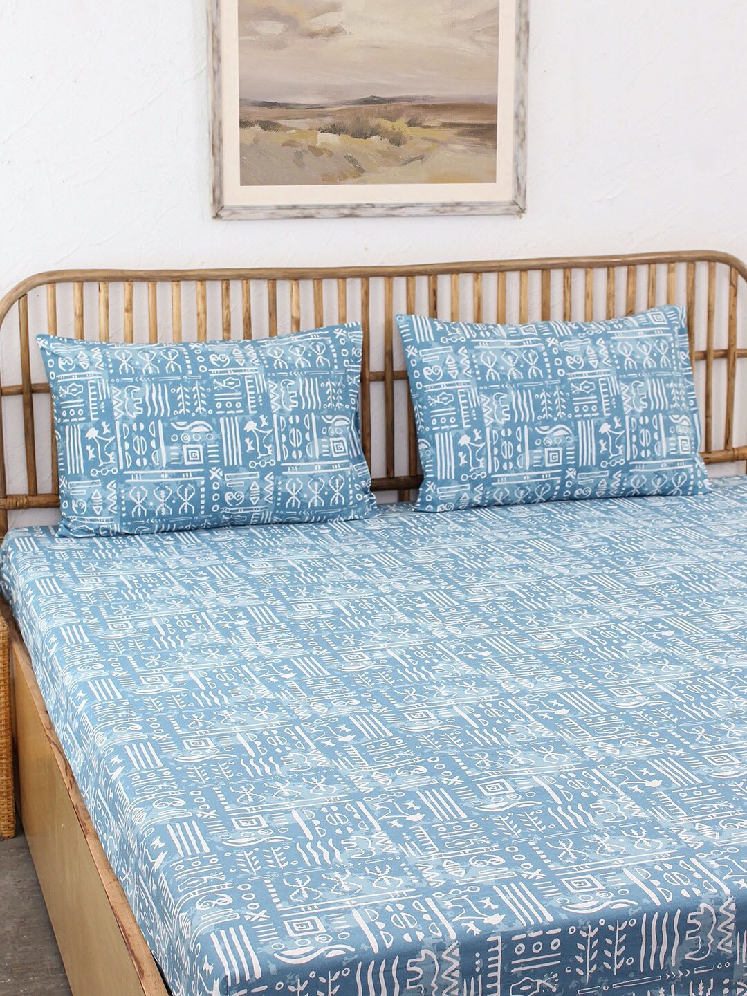 

House This Gamathi Blue & White Geometric Printed 144 TC Cotton Super Queen Bedding Set