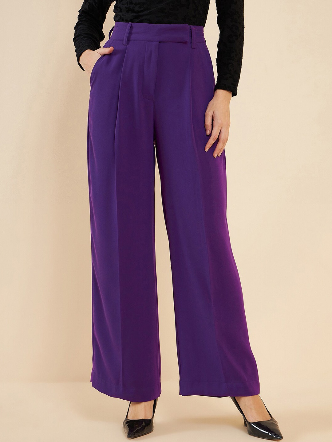 

Antheaa Elit Women Smart High-Rise Pleated Parallel Trousers, Purple