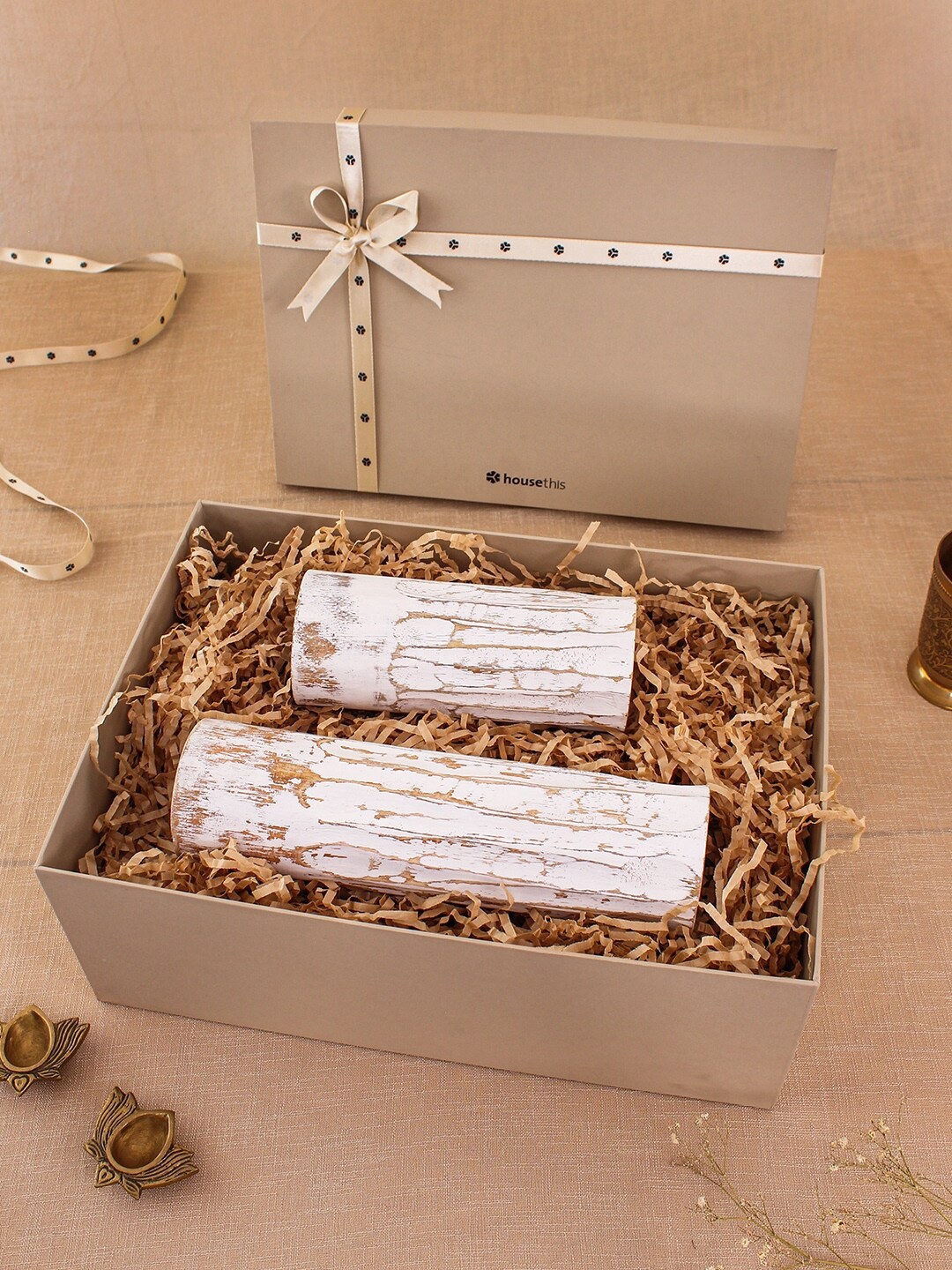 

House This Saltoro 2 pieces Wooden Candle Stand Gift Box, Off white