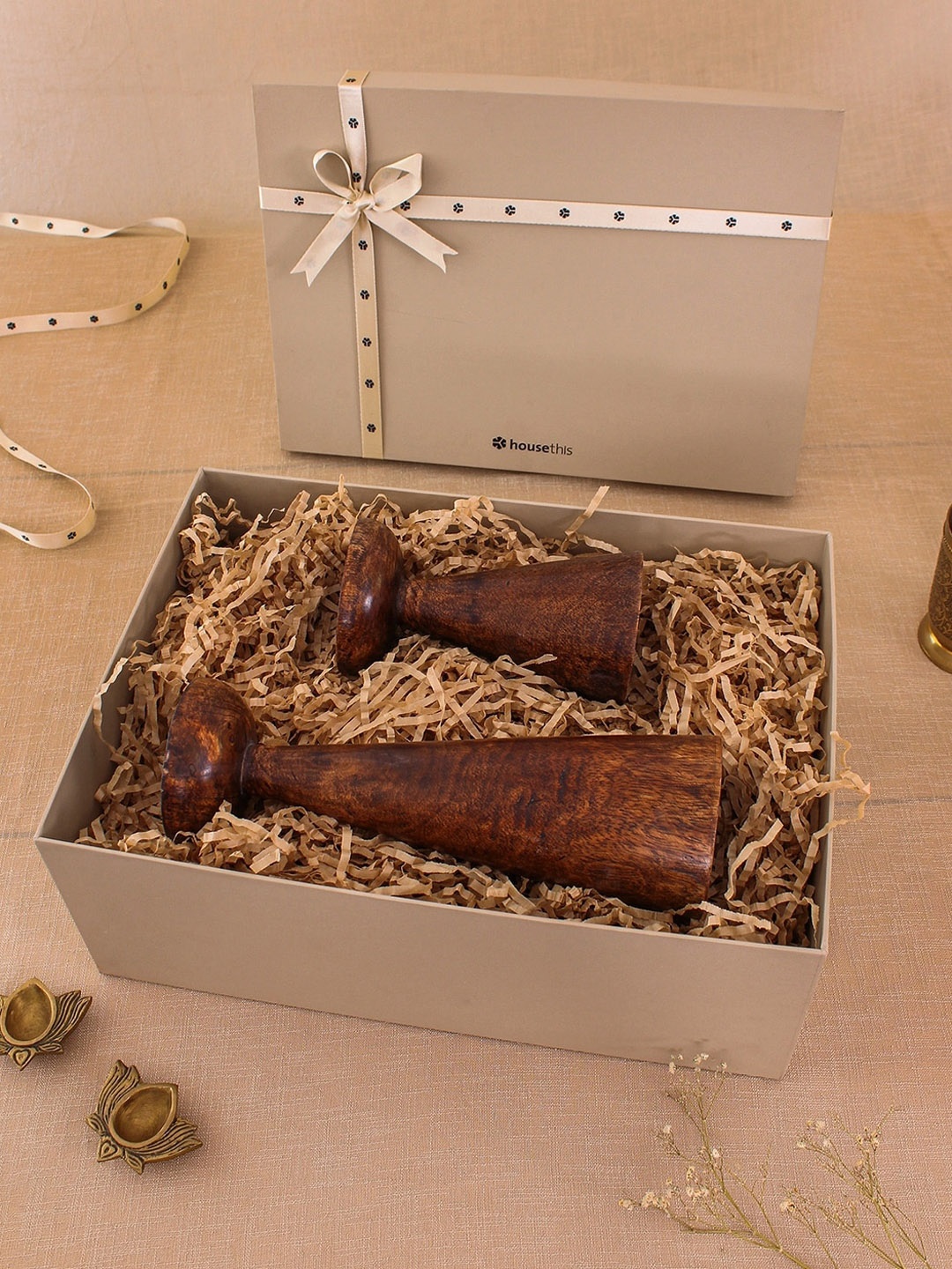 

House This Saddle 2 Pcs Wooden Candle Holders, Coffee brown