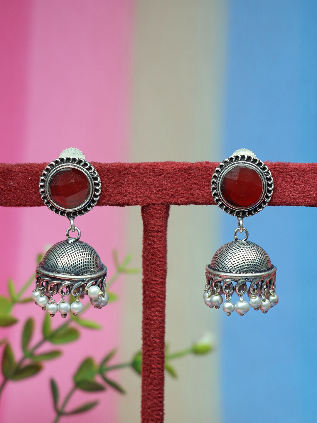 

Ozanoo Silver Plated Dome Shaped Stones Studded & Beaded Jhumkas