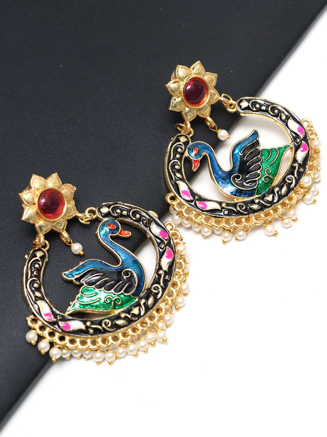 

Ozanoo Meenakari Peacock Shaped Stone Studded Chandbalis, Gold