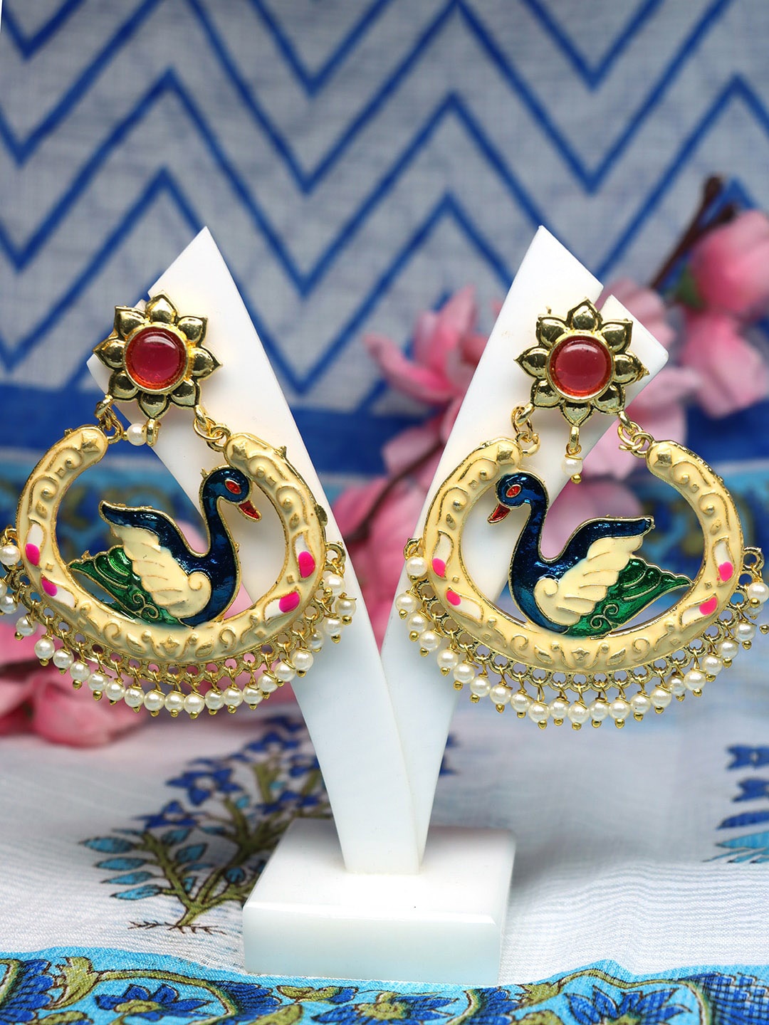 

Ozanoo Silver-Plated Stone Studded & Beaded Peacock Shaped Drop Earrings, Gold