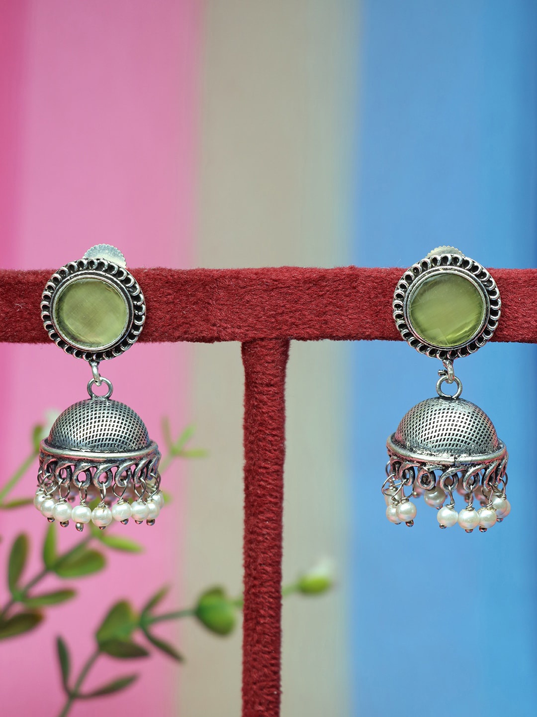 

Ozanoo Silver-Plated Stone Studded & Beaded Floral Jhumkas